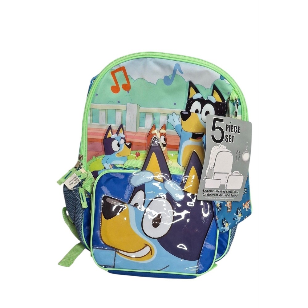 Bluey 5 Piece Backpack Set Blue Green Lunch Bag Gadget Case Carabiner Dangle NWT